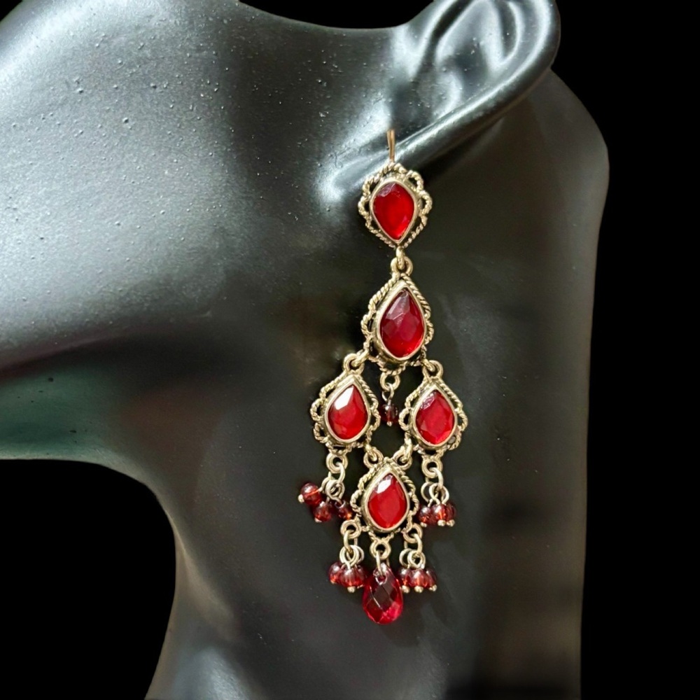Elegant Red & Gold Pierced Chandelier Earrings.